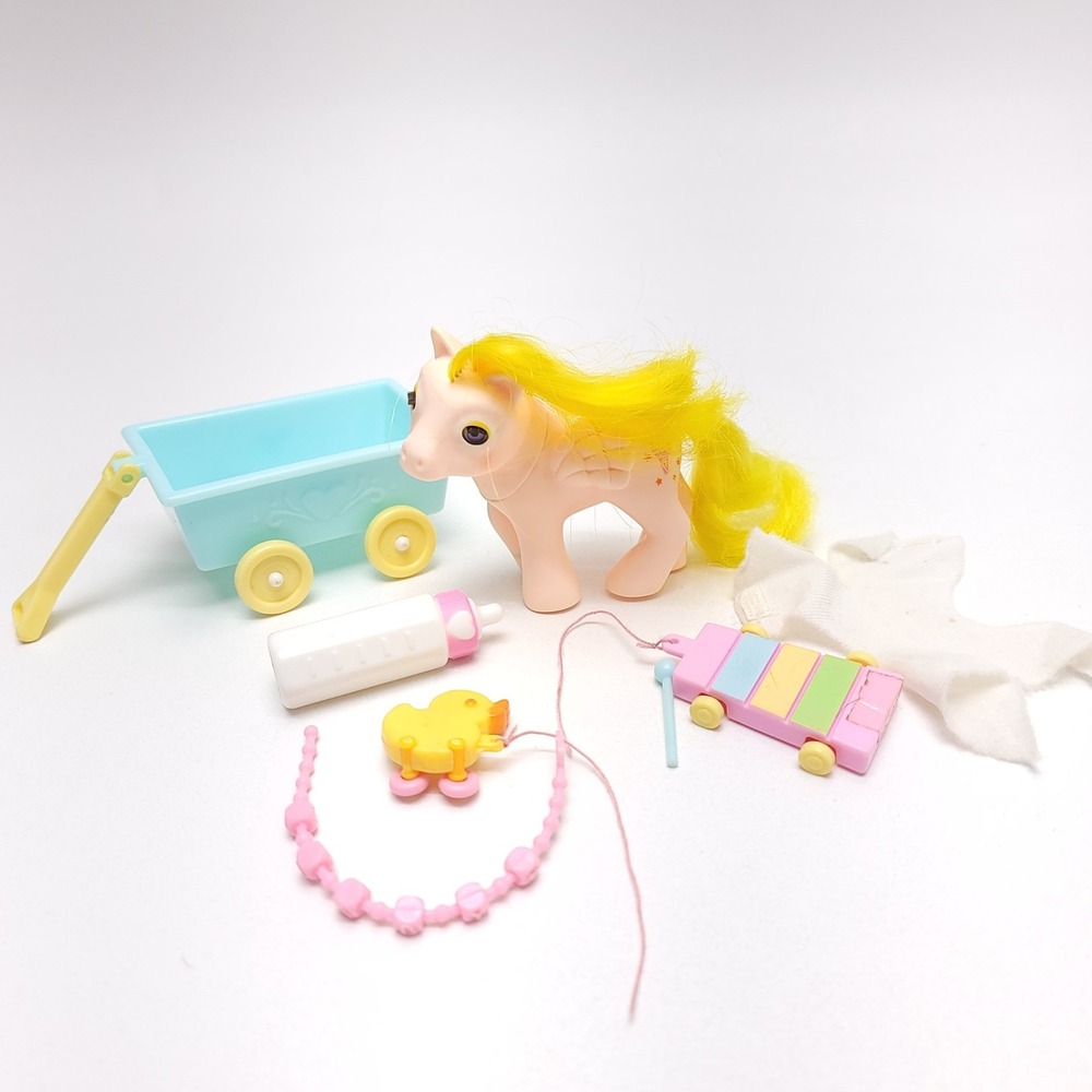 Vintage 1986 Hasbro My Little Pony G1 Baby Lofty Pegasus with Wagon Accessories